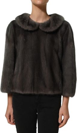 Dolce & Gabbana Womens Dark Gray Mink Fur Round Collar Blouse Top Cashmere Sheep