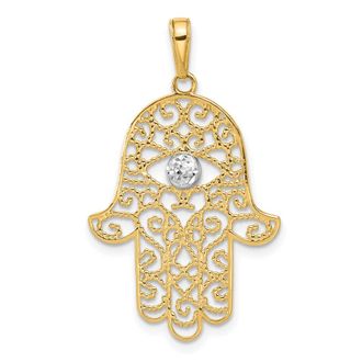 Diamond2Deal 14k Yellow Gold White Rhodium Diamond-Cut Filigree Hamsa Pendant
