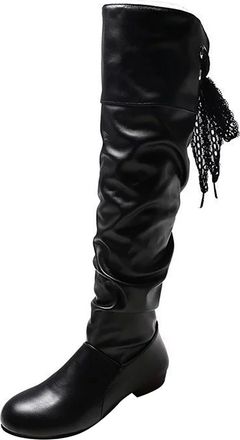 Generic Womens Knee-high Boots Elegant Low Heel Round Toe Long Boots Lace Up with Non-Slip Sole Casual Shoes Lightweight Comfortable Autumn Winter size 4.5