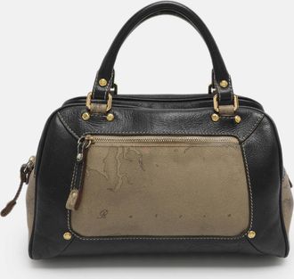Alviero Martini 1A Classe Beige/black Geo Print Coated Canvas And Leather Satchel