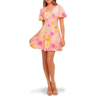 Flying Tomato Floral Puff Sleeve Linen Minidress in Baby Pink at Nordstrom Rack, Size Medium