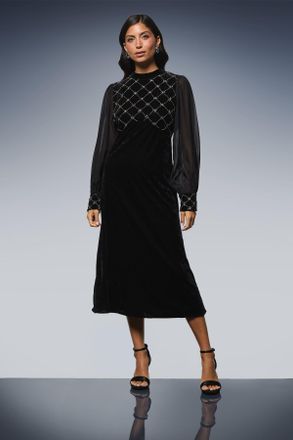 Wallis Womens OCCASION VELVET EMBELLISHED MIDI DRESS - Black - Size 14 UK