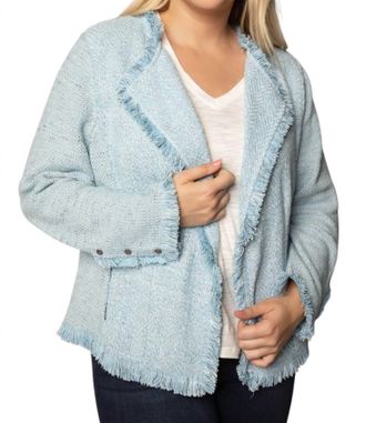 Nic+Zoe Fringe Mix Knit Jacket In Blue Mist