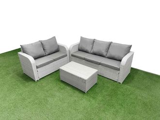 Fimous 5 Seater PE Rattan Wicker Garden Furniture Patio Conservatory Sofa Set with Rectangular Coffee Table 3 Seater Sofa Love Sofa in Light Grey