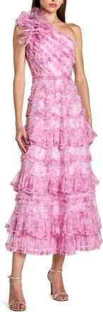 Mac Duggal Printed One Shoulder Ruffled A Line Midi Dress in Pastel Multi at Nordstrom, Size 10