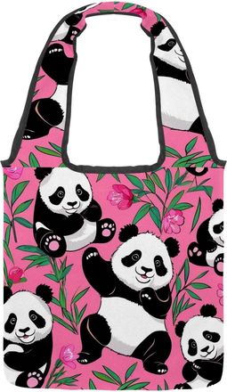 Generic Cute Panda on Pink Reversible Canvas Shoulder Tote - Double-Sided Print, 12oz Cotton, 27cm Drop, Fold-Flat Bag for Travel, Shopping, Street Outings