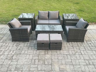 Fimous 8 PCS Outdoor Lounge Sofa Set Wicker PE Rattan Garden Furniture Set with Rectangular Coffee Table Armchair in Dark Grey