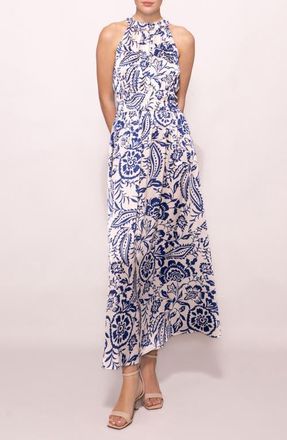 Melloday Print Ruffle Sleeveless Maxi Dress in Ivory Blue Paisley at Nordstrom, Size X-Large