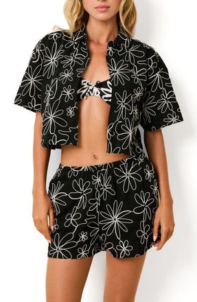 Solid & Striped Ezra Embroidered Crop Cotton Cover-Up Camp Shirt in Floral Doodle Noir at Nordstrom, Size X-Large