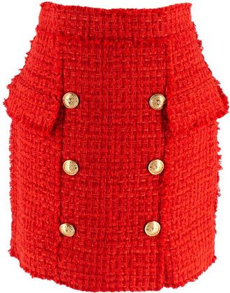 Balmain Red Tweed Mini Skirt with Gold Button Detail Size S