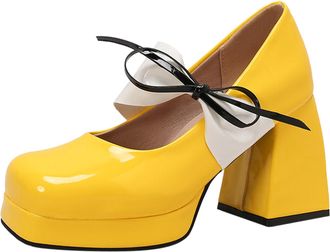 Generic Womens Casual Chunky Heel Sandals Square Toe Mary Jane Candy Color Pure Flat Form College Style Large Size Footwear (Yellow, 4.5)
