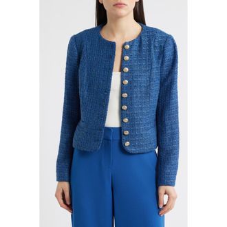 Tahari by ASL Metallic Tweed Collarless Jacket in Riverside Blue at Nordstrom, Size 16P