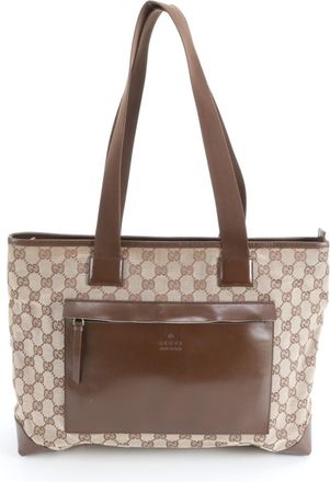 Gucci Gg Canvas Brown Leather Canvas Handbag Tote Bag (Pre-Owned)
