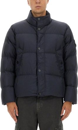 Stone Island Blue Solid Mock Collar Jacket