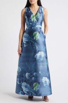 Kay Unger Rosalind Floral Evening Gown in Teal Blue at Nordstrom, Size 12