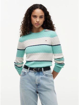 Tommy Hilfiger Womens Rugby Stripe Cable Knit Sweater - Green - XXL