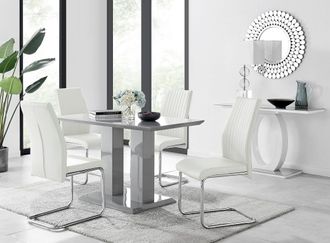 Furniturebox Imperia Grey High Gloss 4 Seater Dining Table with Structural 2 Plinth Column Legs 4 Soft Faux Leather Lorenzo Chairs in White
