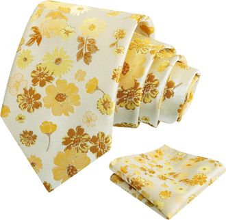 Alizeal Mens Floral Tie with Pocket Square Fashion Elegant Wedding Business Necktie Set, Yellow