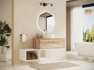 Vente-Unique Mobile bagno sospeso con lavabo tondo 1 cassetto Naturale chiaro e 2 nicchie Bianche 94 cm - TEANA II