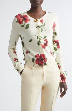 Oscar De La Renta Hibiscus Print Virgin Wool Cardigan in Ivory at Nordstrom, Size X-Small