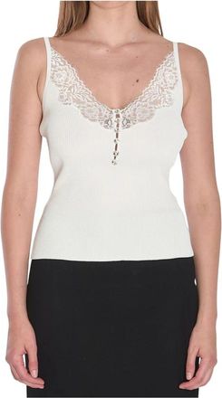 Self Portrait Ribgebreide Camisole met kanten rand - Dames - Tops zonder mouwen - Wit - M - Polyester - Tops