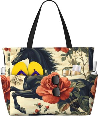 Generic Horse Floral Print Large Beach Bag Foldable Travel Shoulder Tote Bag With Pocket For Weekender Pool Vacation