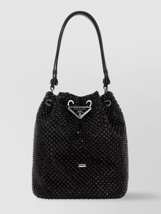 Prada structured satin bucket bag with rhinestone and sequin embellishments
