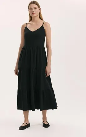 Finery Emmie Cotton Strappy Midi Tiered Dress in Black at Nordstrom, Size 16