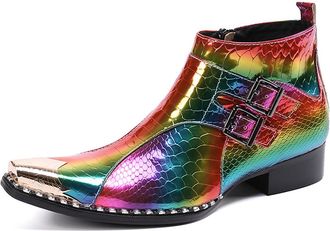 Generic Men Chelsea Boots Casual Dress Ankle Boots Handmade Genuine Leather Western Boot Metal Pointed Toe Zipper Snake Print for Party Wedding Disco Singer (