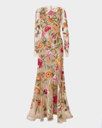 Carolina Herrera Crystal Floral Embroidered Long-Sleeve Trumpet Gown
