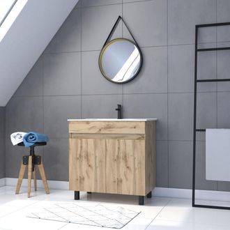 Aurlane Mueble De Ba&ntilde;o 80cm - Puertas Acabado Roble - Lavabo Blanco + Espejo Barbero-timber 80-pack28