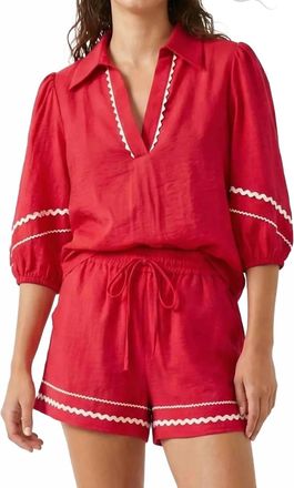 Naked Zebra Contrast Trim Puff Sleeve Linen Blouse In Red
