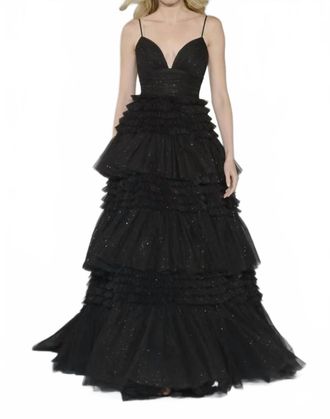 Sherri Hill Deep V-Neck Ruffled Ballgown In Black