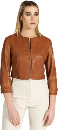 D'Arienzo Giacca corta bolero in pelle cuoio girocollo effetto vintage DArienzo, Seleziona Taglia XS, Colore Cuoio