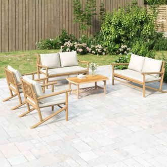 vidaXL Set De Muebles De Jard&iacute;n 5 Piezas Bamb&uacute; Y Cojines Blanco Crema Vidaxl