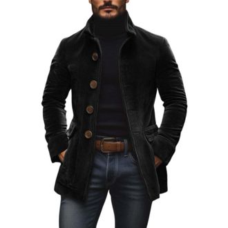 Generic Mens Corduroy Winter Trench Coat, Long Stand Collar Jacket with Single-Breasted Buttons for Casual and Dress Occasions (Black,M)