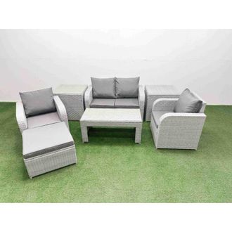 Fimous Light Grey pe Wicker Rattan Garden Furniture Set Sofa Set Reclining Adjustable Chair Oblong Coffee Table 5 Seater With Footstool 2 Side Table - Fimous