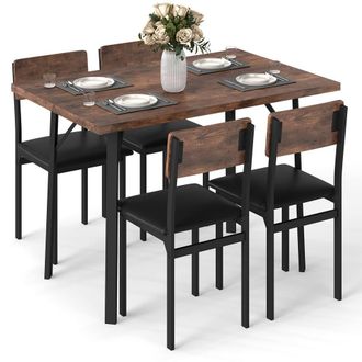 Costway Costway 5PCS Dining Table Set Industrial Kitchen Table & 4 Upholstered Chairs in Brown