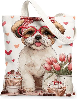 Generic Cute Dog Canvas Tote Bag, Adorable Animal Design Reusable Shopping Bags, Vintage Floral Lightweight Washable Shoulder Strap, White, 13x15 Inch