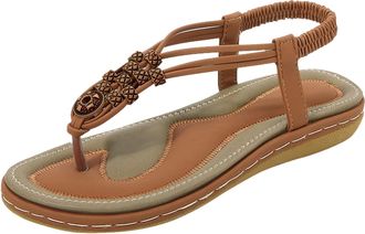 Generic Summer Flat Sandals for Women, Ladies Slip On Post Thong Shoes Walking Sandals Casual Peep Toe Low Wedge Heel Anti Slip Slippers Outdoor Rhinestone Sl