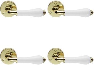 Loops 4x PAIR Porcelain Handle with Ringed Detailing 58mm Round Rose Polished Brass