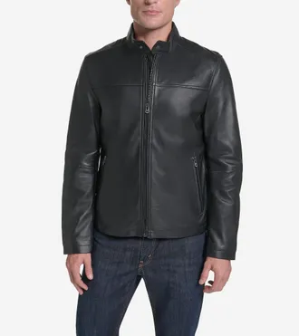 Cole Haan Mens Smooth Leather Racer Jacket - Black Size Medium