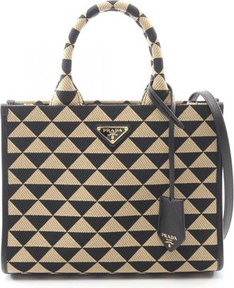 Prada Beige Black Canvas Leather Tote Bag (Pre-Owned)