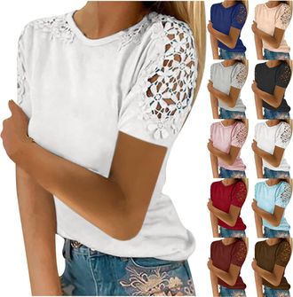 Generic Ladies Tops Elegant Short Sleeve Solid Crewneck Lace Top Pullover Party Business Office Shirts Womens Casual Fashion Blouse for Spring/Summer Womens B