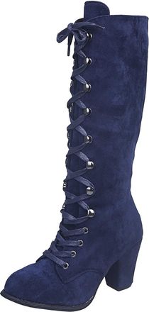 Generic Pirate Boots for Women UK Victorian Boots for Women Faux Suede Mid-Calf Height Boot Medieval Vintage Chunky Heel Boot Fall Winter Suede Lace up Vintag