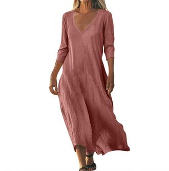 Generic Womens Summer Sleeveless Linen Maxi Dress Long Sleeve Elegant Flowy Solid Color 3/4 V Neck Cotton Loose Dresses for Women UK (Pink, XXL)