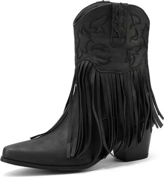 Generic Womens Retro Pointed Toe Faux Leather Cowboy Ankle Boots Medium Block Heels Tassel Embroidery Comfortable Non-Slip Wear-Resistant For Western Style Da