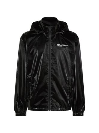 Karl Lagerfeld Glossy Black Finish Casual Jacket with Adjustable Hood