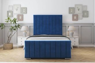 Sloomy California Plush Frame-Mattress - 50 Upholstered Headboard in Navy | Size: Small Double