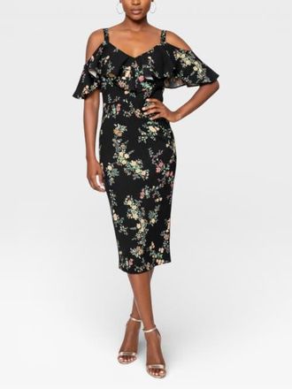 Rachel Roy Marcella Printed Off the Shoulder Ruffle Midi Dress in Black Fall Floral at Nordstrom, Size Xx-Large